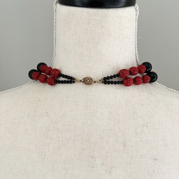 Vintage Chinese Black Red Cinnabar Bead Double Strand Necklace Sterling Clasp - Picture 7 of 8